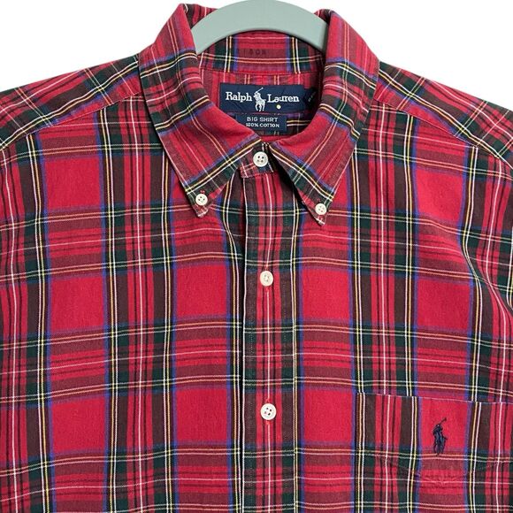 Vtg 90s Polo Ralph Lauren Big Shirt Mens L Red Button Down Plaid Pony Preppy LS - Picture 2 of 15